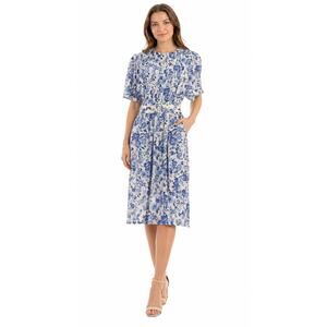 Vintage 90s Womens 12 Karin Stevens Blue Floral Rayon Midi Dress Belted